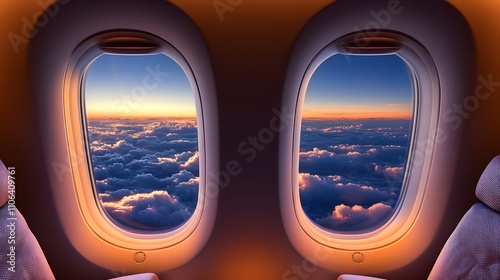 Airplane windows showing sunset cloudscape.