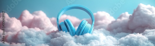 Pair of blue headphones sitting on top of a cloud