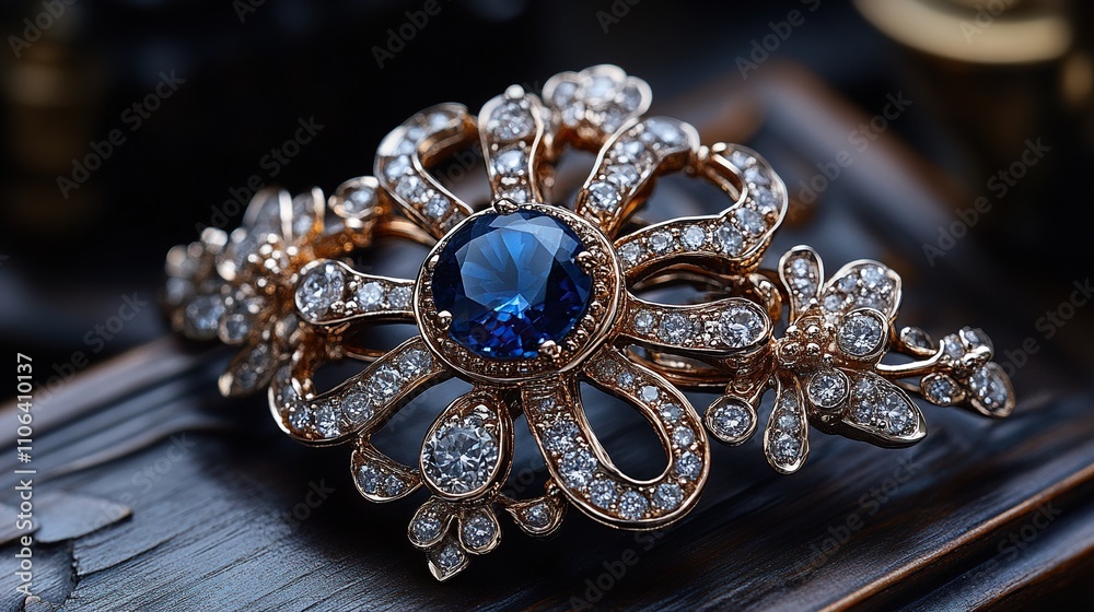 A brooch with a large blue gemstone and diamond filigree. A brooch with a large blue gemstone and diamond filigree.