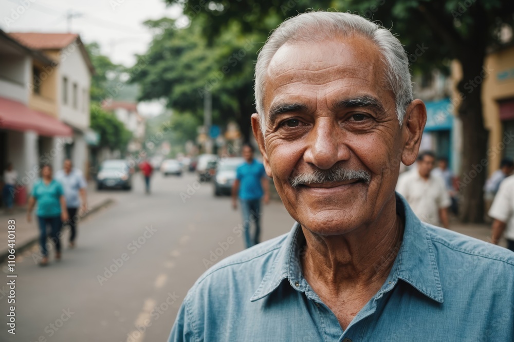 Close portrait of a smiling senior Salvadoran man looking at the camera, Salvadoran city outdoors blurred background Close portrait of a smiling senior Salvadoran man looking at the camera, Salvadoran city outdoors blurred background