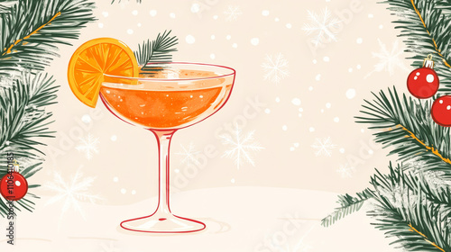 flat style illustration of christmas cocktail in coupe glass with slice of orange and copy space, greeting card retro style, cozy festive vibes