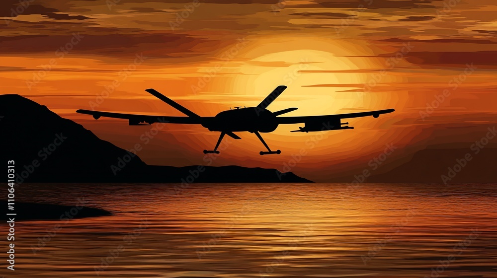 Fototapeta premium Silhouette of drone flying over ocean at sunset.
