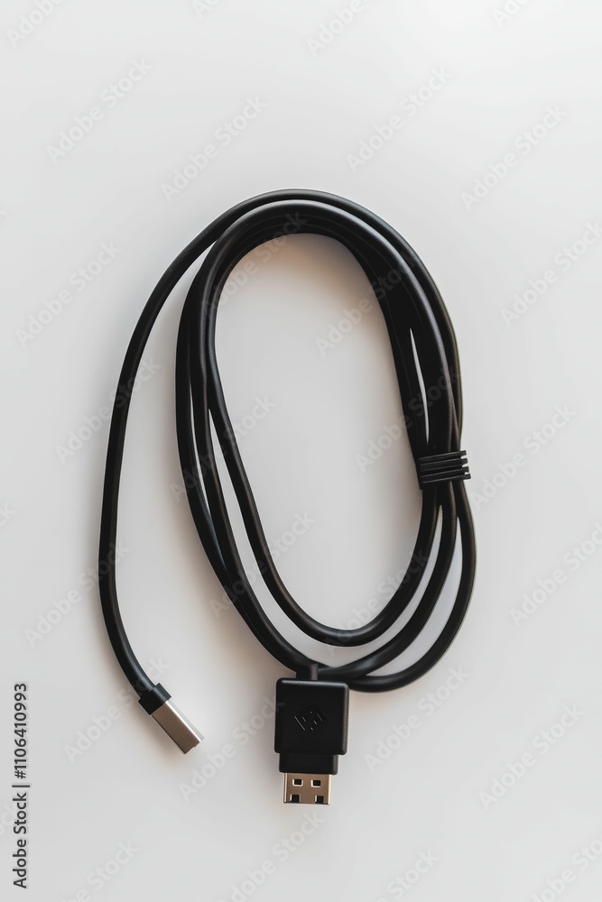 Black cable with connectors on white background. Black cable with connectors on white background.