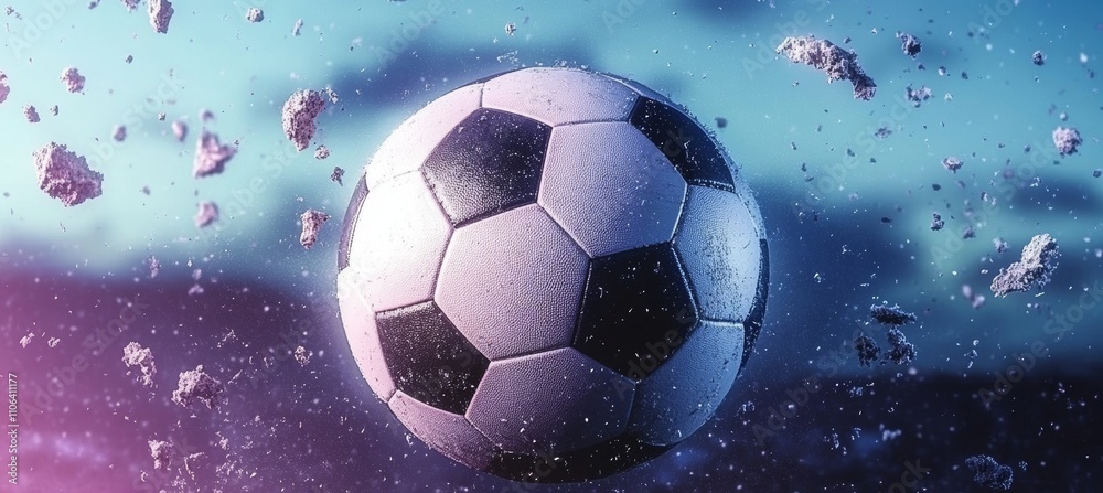 Fototapeta premium Classic Black and White Soccer Ball In Motion, Surrounded By Dynamic Particles Effect.