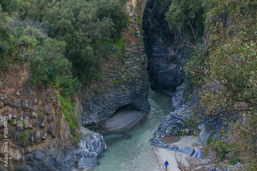 Gole dell Alcantara gorge formed by basalt columns with river near to Etna volcano, Motta Camastra, Sicily, Italy photo