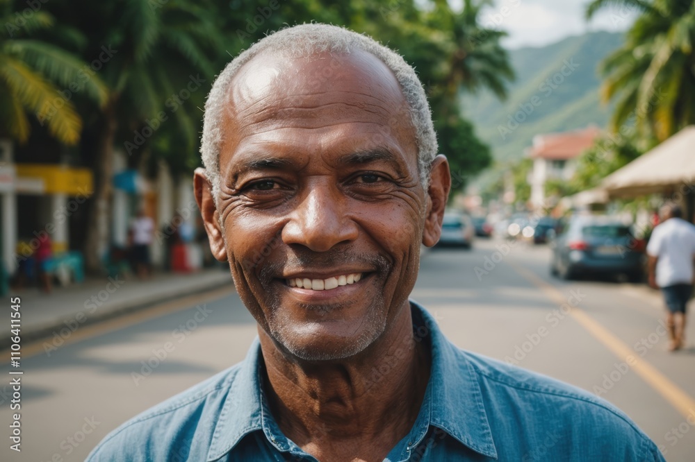 Close portrait of a smiling senior Seychellois man looking at the camera, Seychellois city outdoors blurred background Close portrait of a smiling senior Seychellois man looking at the camera, Seychellois city outdoors blurred background
