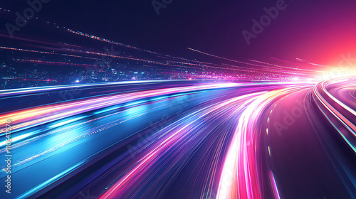 A dynamic cityscape with light trails representing fast movement on the highway