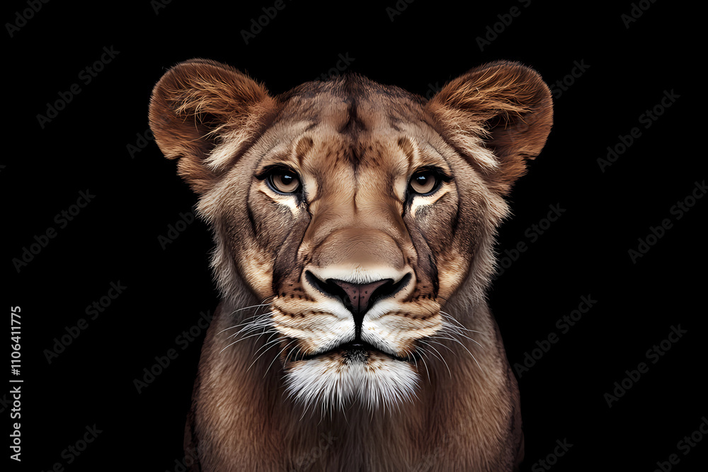 Fototapeta premium Portrait of a lioness on a black background, with a symmetrical face, looking directly at the camera