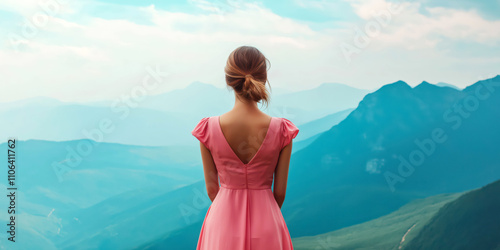 Young caucasian female in pink dress overlooking mountain landscape photo