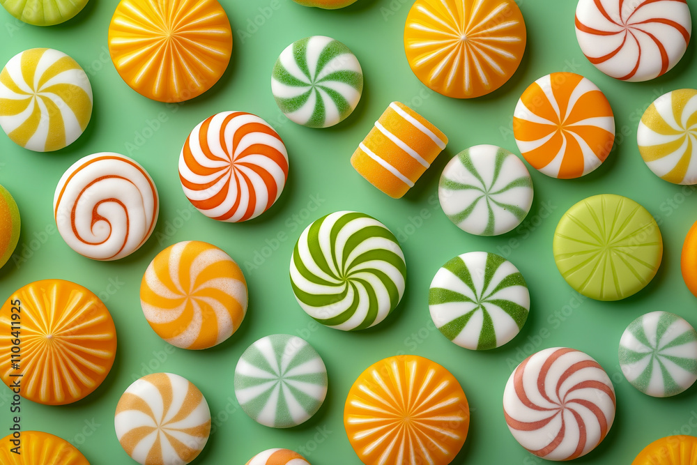 A bunch of orange and green lollipops on a green background