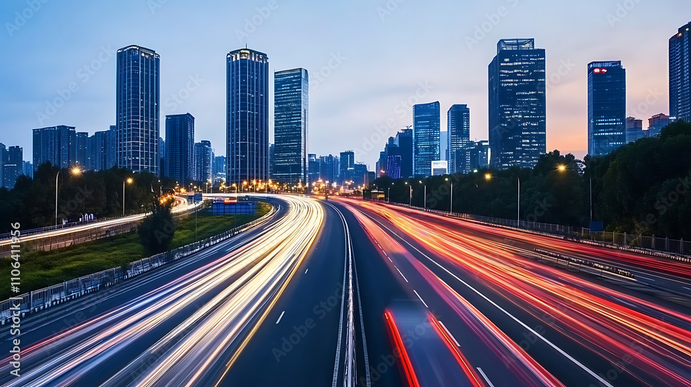 Fototapeta premium Abstract cityscape background with blurred light trails on a highway symbolizing speed and technology in urban life