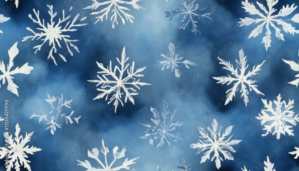 Winter snowflakes pattern on dark blue background with soft fog in watercolor style and copy space Winter snowflakes pattern on dark blue background with soft fog in watercolor style and copy space