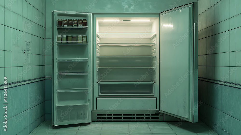 Another view of an open, empty fridge emphasizing the shelving Another view of an open, empty fridge emphasizing the shelving