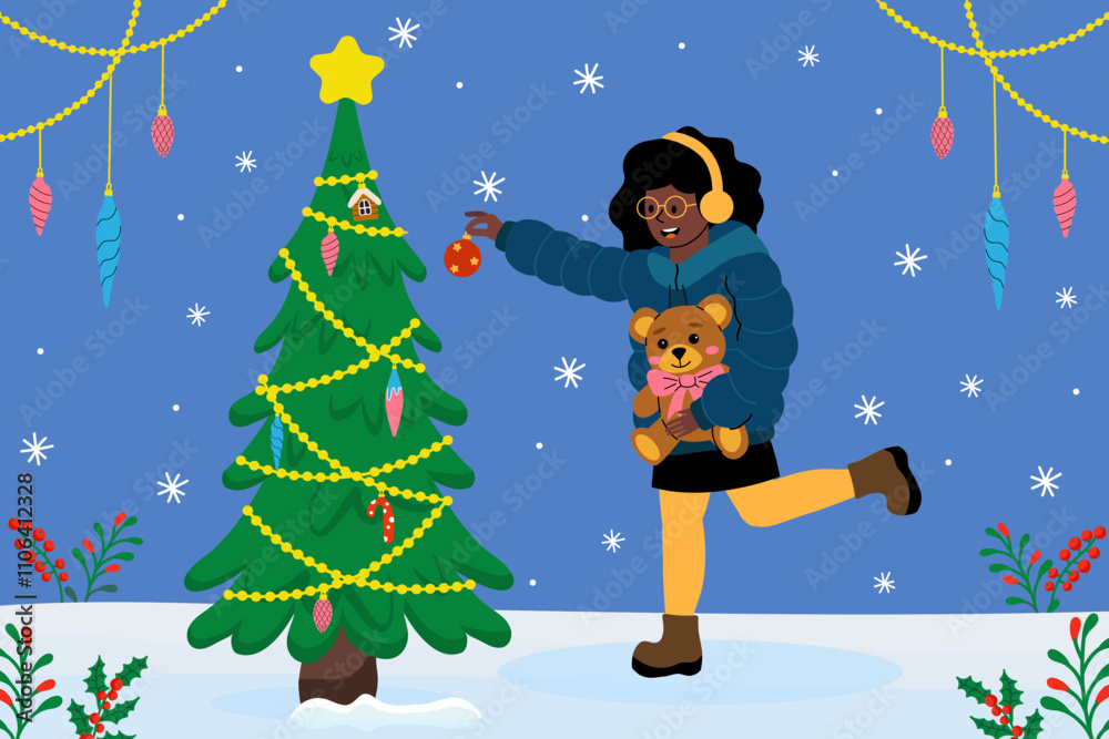 Fototapeta premium Holiday celebration with a child decorating a Christmas tree in winter