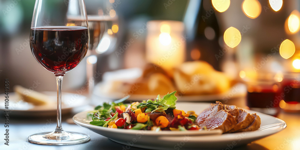 Elegant dinner setting with red wine and gourmet meal in cozy ambiance