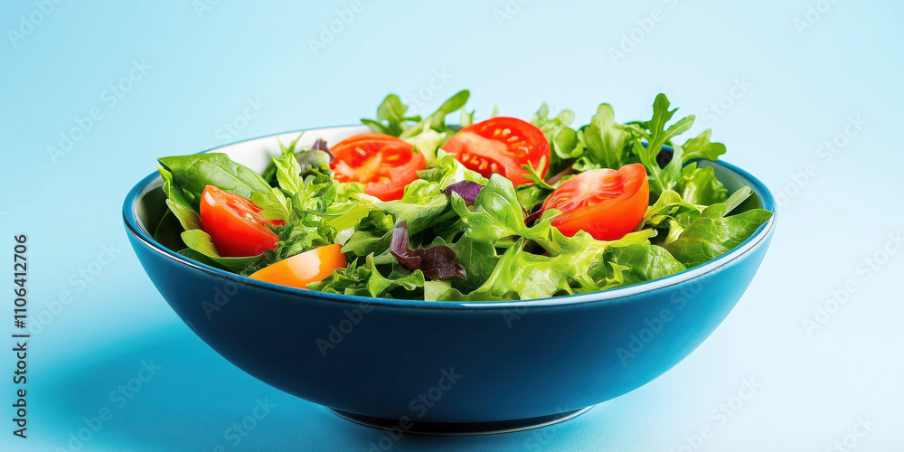 Fresh green salad with tomatoes in blue bowl on light blue background Fresh green salad with tomatoes in blue bowl on light blue background
