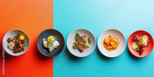 Diverse plated dishes on colorful backgrounds photo