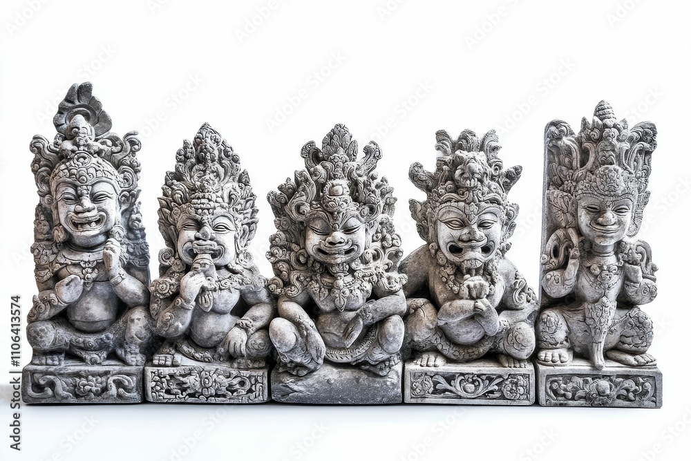 Fototapeta premium Five ornate stone figures, seated, smiling.