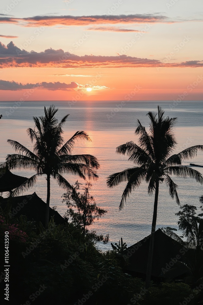 Fototapeta premium Sunset ocean view; tropical palms, silhouettes, structures.