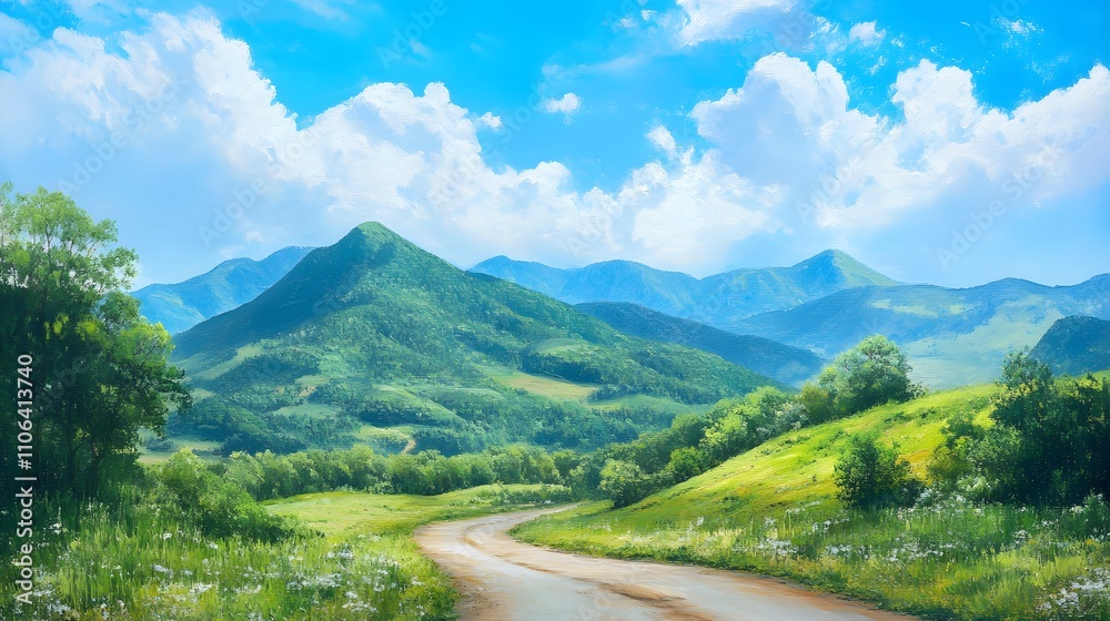 Winding road through lush green mountain valley under a bright summer sky. Winding road through lush green mountain valley under a bright summer sky.