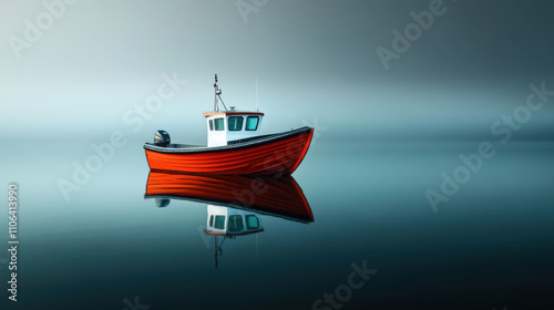 A small fishing boat drifting on a calm sea, surrounded by fog