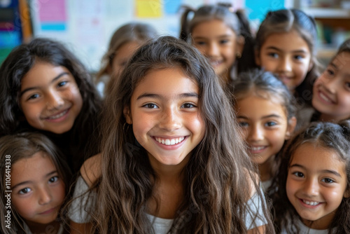 Group of young girls smiling at camera in a colorful playground on a sunny day.