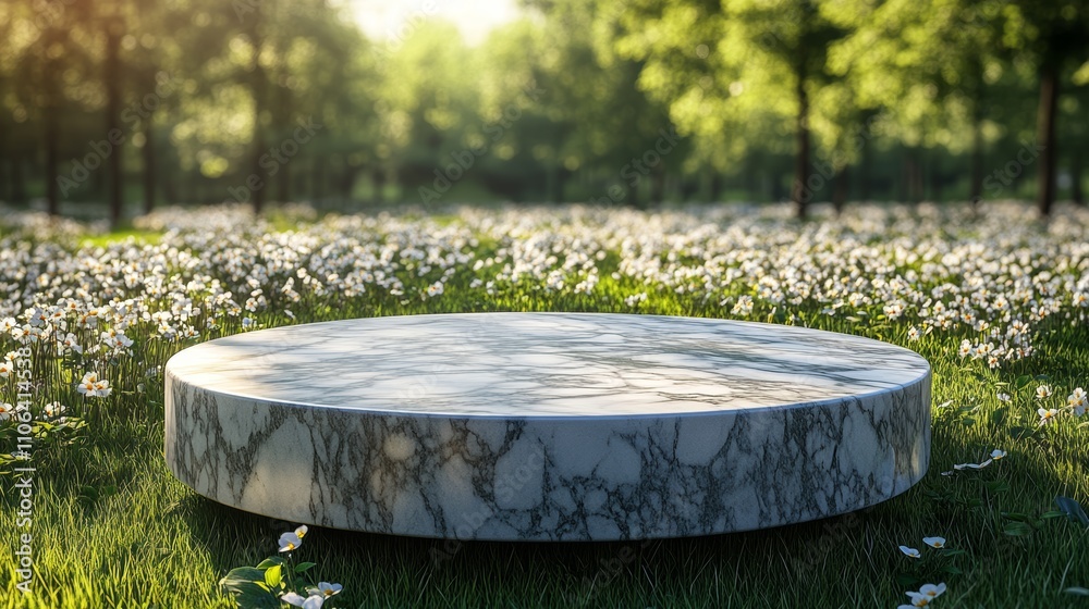 A round marble podium in a field of daisies and lush green grass with a blurred forest background and sun shining through the trees.