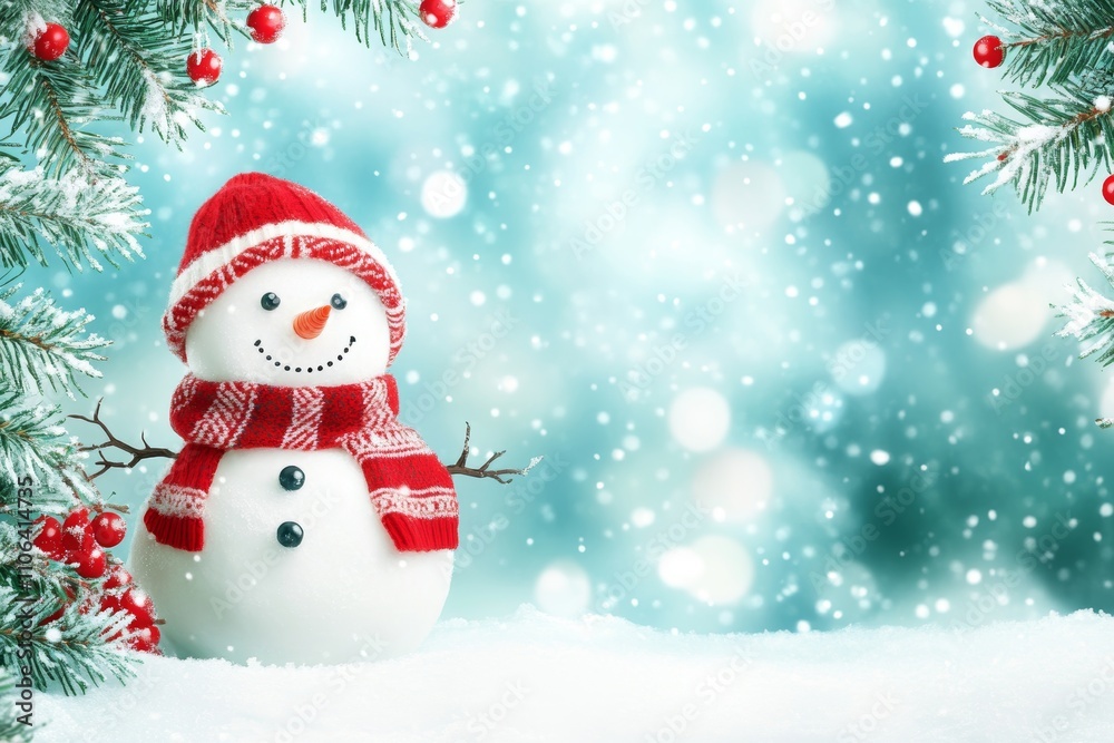 In a snowy setting, a humorous snowman wearing a knitted hat and a yellow scarf lifts its hands, the backdrop of the scene being a blue sky. In a snowy setting, a humorous snowman wearing a knitted hat and a yellow scarf lifts its hands, the backdrop of the scene being a blue sky.