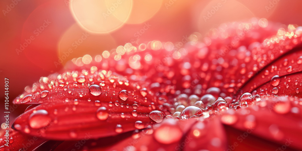 Close-up of red gerbera daisy with water droplets and bokeh background Close-up of red gerbera daisy with water droplets and bokeh background