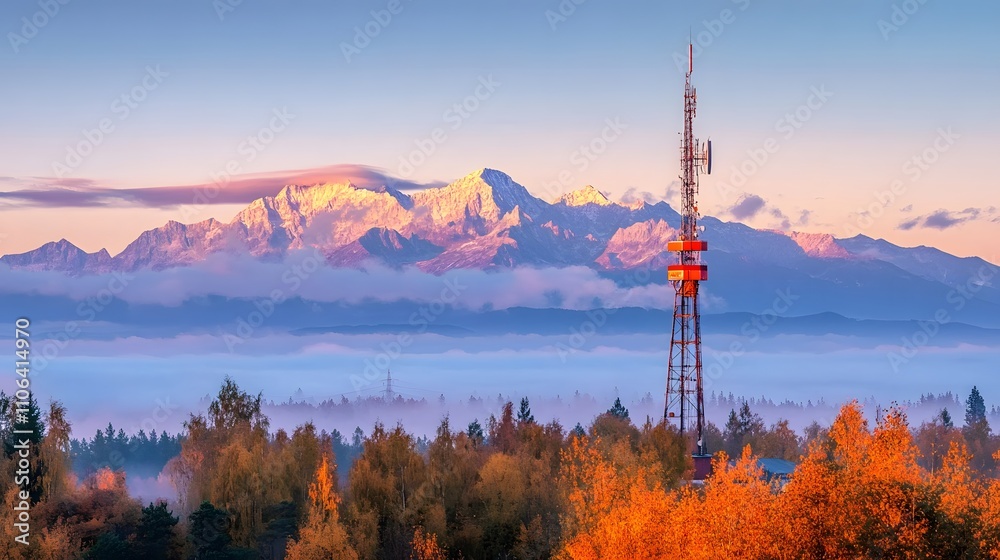 Sunrise over snow-capped mountains and autumnal trees with a communication tower. Sunrise over snow-capped mountains and autumnal trees with a communication tower.