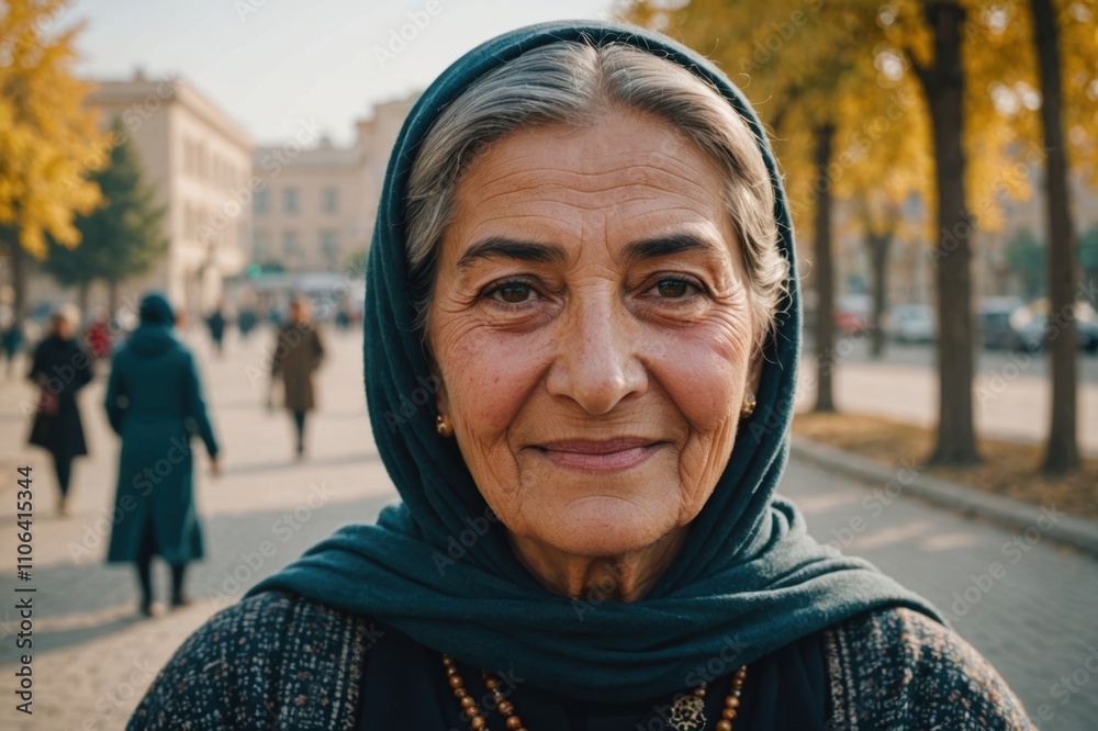 Close portrait of a smiling senior Tajik woman looking at the camera, Tajik city outdoors blurred background Close portrait of a smiling senior Tajik woman looking at the camera, Tajik city outdoors blurred background