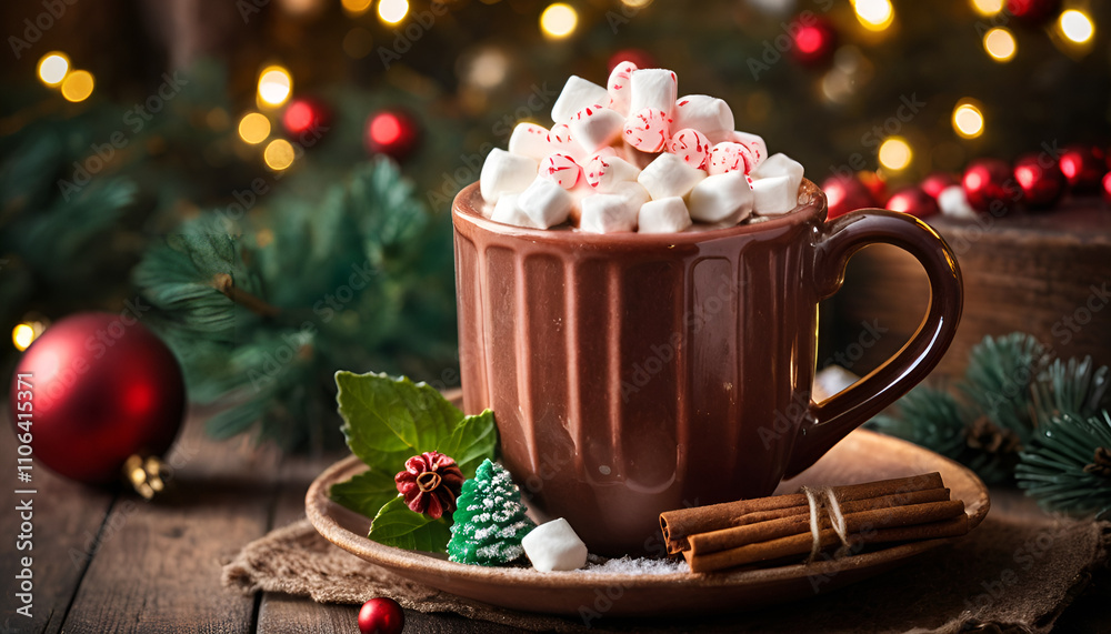 Delicious hot chocolate topped with peppermint marshmallows and cinnamon, festive decorations in background