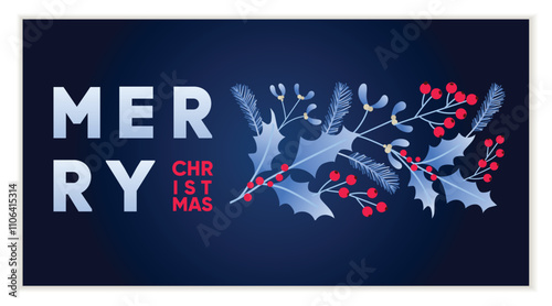 Merry Christmas Greeting card design template with festive branches and florals in deep blue. Vector illustration.