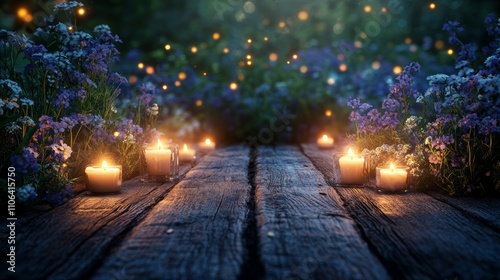 A rustic wooden table with burning candles surrounded by blue flowers and glowing fireflies in a magical forest setting.