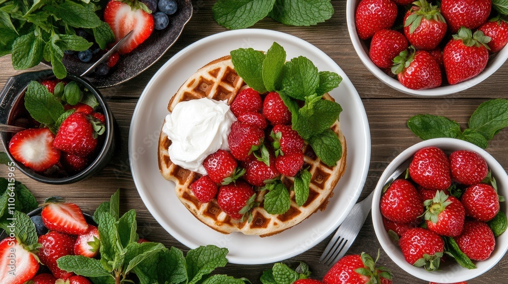 Waffle topped with cream cheese and filled with soft white filling sits on a plate with a slice cut out, captured in warm natural light Waffle topped with cream cheese and filled with soft white filling sits on a plate with a slice cut out, captured in warm natural light