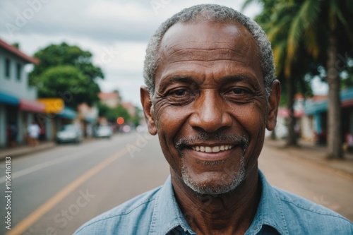 Close portrait of a smiling senior Trinidadian man looking at the camera, Trinidadian city outdoors  blurred background photo