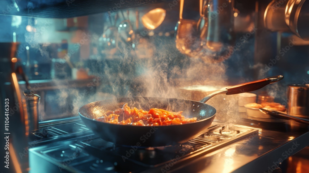 Wok cooking steaming food in kitchen. Wok cooking steaming food in kitchen.