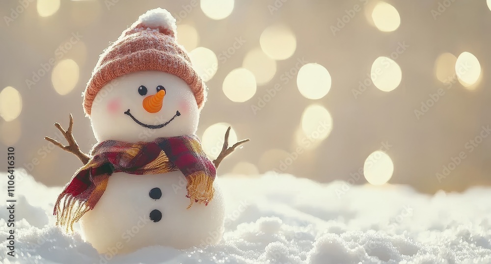 Cheerful winter scene featuring a happy snowman, including open space for further content Cheerful winter scene featuring a happy snowman, including open space for further content