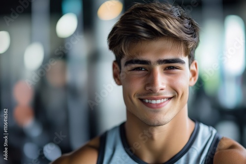 A confident young man with a bright smile stands proudly in gym attire, radiating positivity and resilience in an energetic fitness environment.