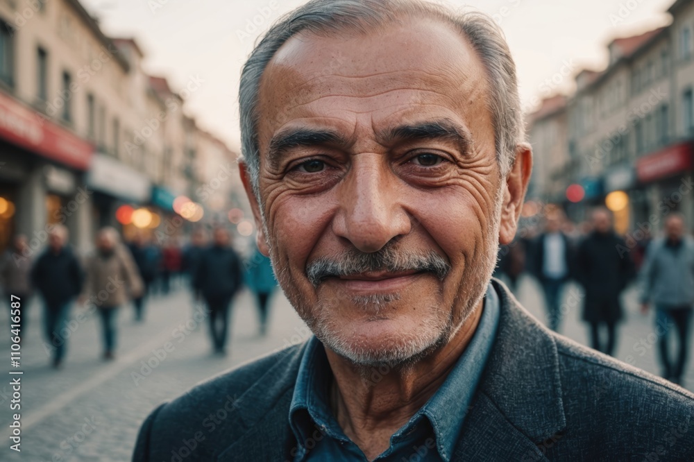 Close portrait of a smiling senior Turkish man looking at the camera, Turkish city outdoors  blurred background