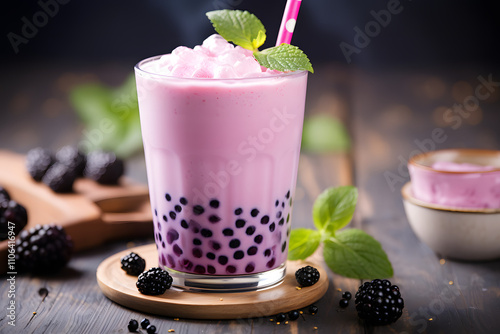 Refreshing Blackberry Bubble Tea with Tapioca Pearls and Mint Garnish