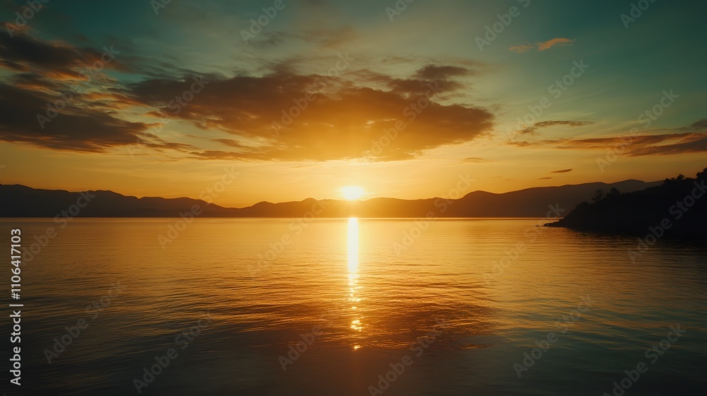 Vibrant sunset over calm lake and mountains. Vibrant sunset over calm lake and mountains.