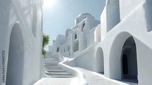Sunny whitewashed alleyway with stairs, traditional architecture, and bright sunlight.
