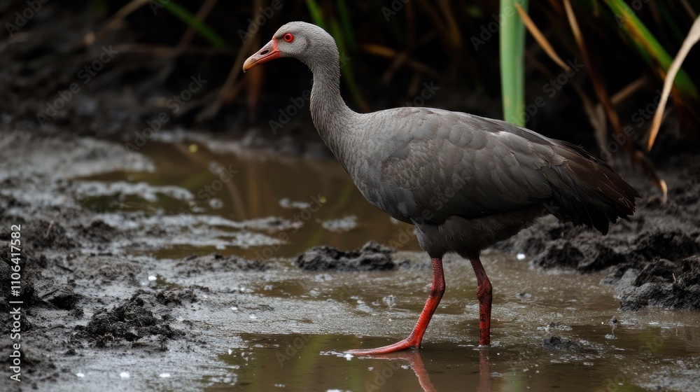Fototapeta premium Grey-Headed Swamphen Standing in Shallow Water