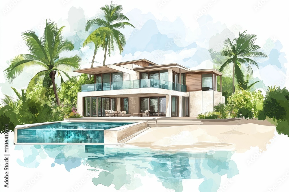 Tropical house, pool, palm trees, beach, modern design. Tropical house, pool, palm trees, beach, modern design.