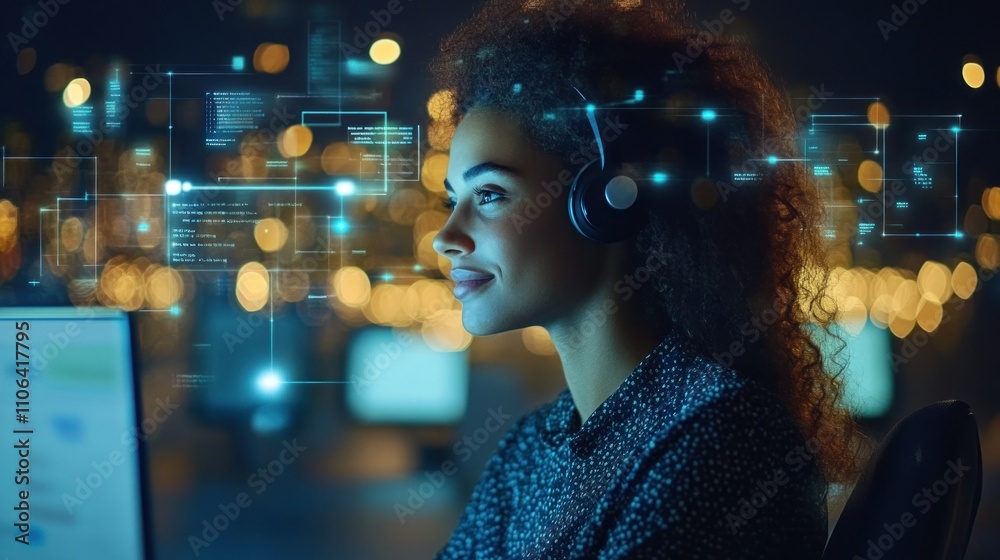 Woman with Headphones Immersed in Digital World, Futuristic Technology Concept Woman with Headphones Immersed in Digital World, Futuristic Technology Concept