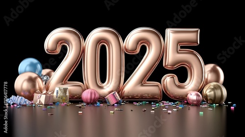 Numbers 2025 in rose gold are surrounded by colorful balloons and confetti on a stylish black background, marking the new year's arrival photo