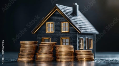 A model house is surrounded by stacks of coins, symbolizing the financial aspects of real estate investment. This setup highlights the role of technology in enhancing property value and decisions.