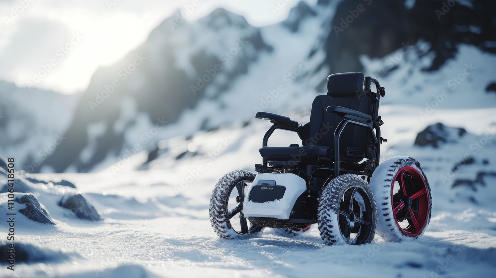 Advanced electric wheelchair sits on snowy ground amidst rugged mountains. Engineered for outdoor transport, it features robust wheels for navigating challenging winter landscapes with ease. Advanced electric wheelchair sits on snowy ground amidst rugged mountains. Engineered for outdoor transport, it features robust wheels for navigating challenging winter landscapes with ease.
