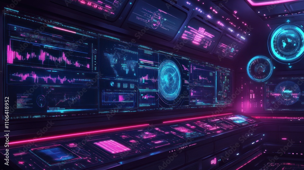 Futuristic Control Room: Neon Lights and Data Streams Futuristic Control Room: Neon Lights and Data Streams